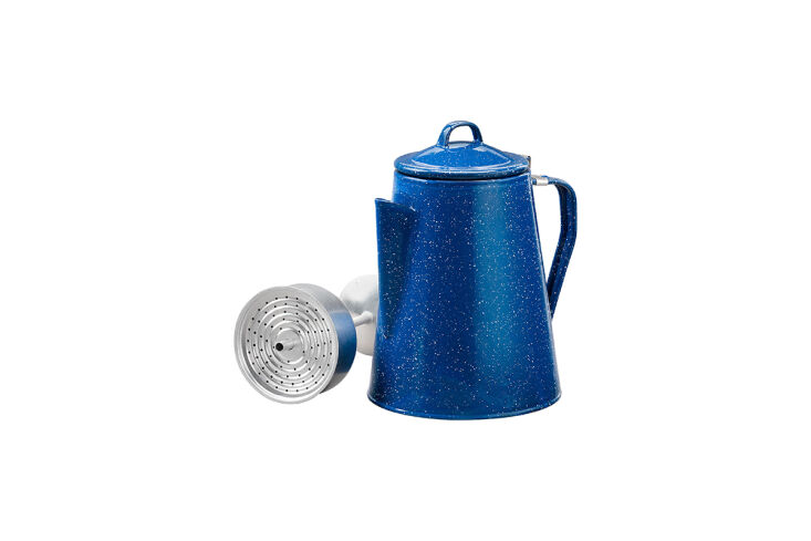  Above: My camping requirement? Coffee. The Enamelware Eight-Cup Percolator is a classic for a reason, and reminds me of the one my great aunt had. It&#8\2\17;s durable and dishwasher safe (for when you get home); \$\24.95 from Alpine Mountain Gear.