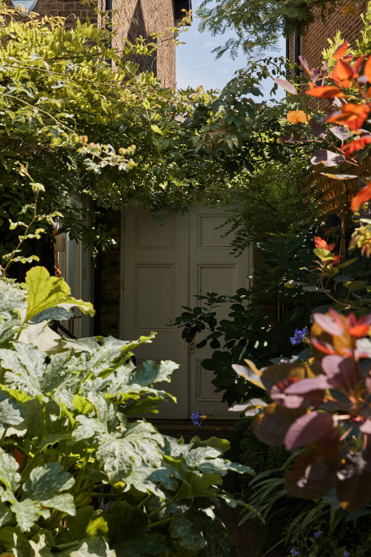 The kitchen garden alley leads to a shed space that connects the front and back of the house. Wisterias are trained to create a green tunnel over the passageway.