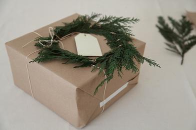 Gift Wrapping Process With Box Scissors And Thread From Above Flat