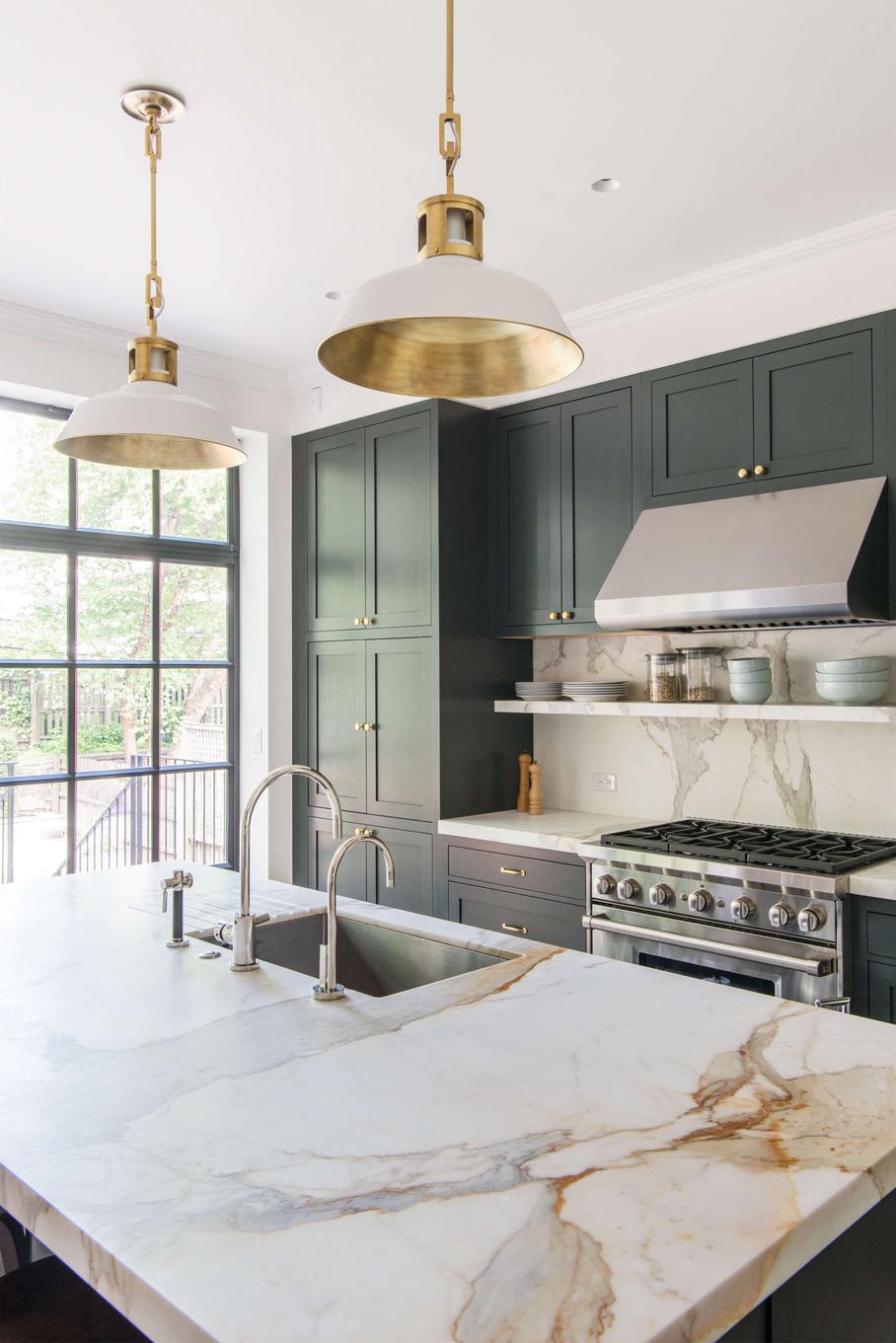 kitchen with marble countertop pendant lights green blue cabinets elizabeth rob 12