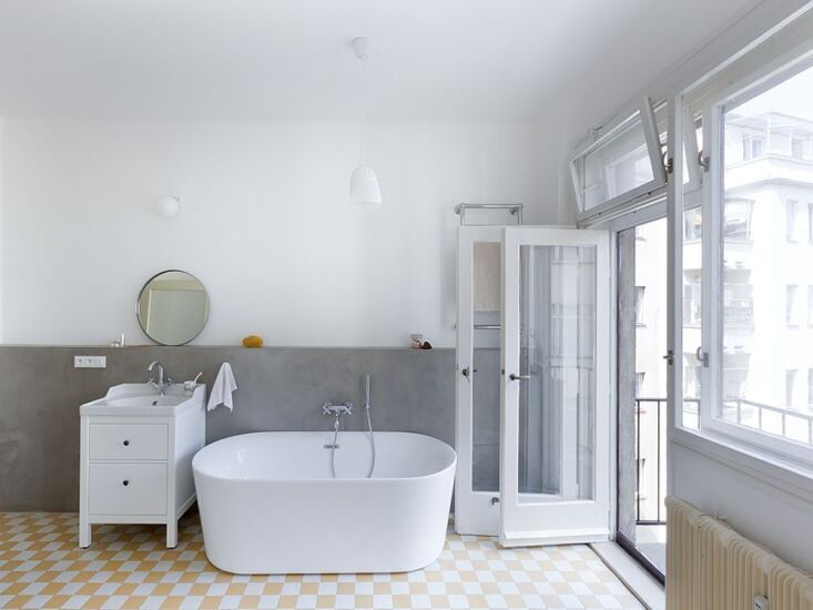 A Modernist Bathroom in Prague with Yellow and White Checkerboard Tile: Steal This Look