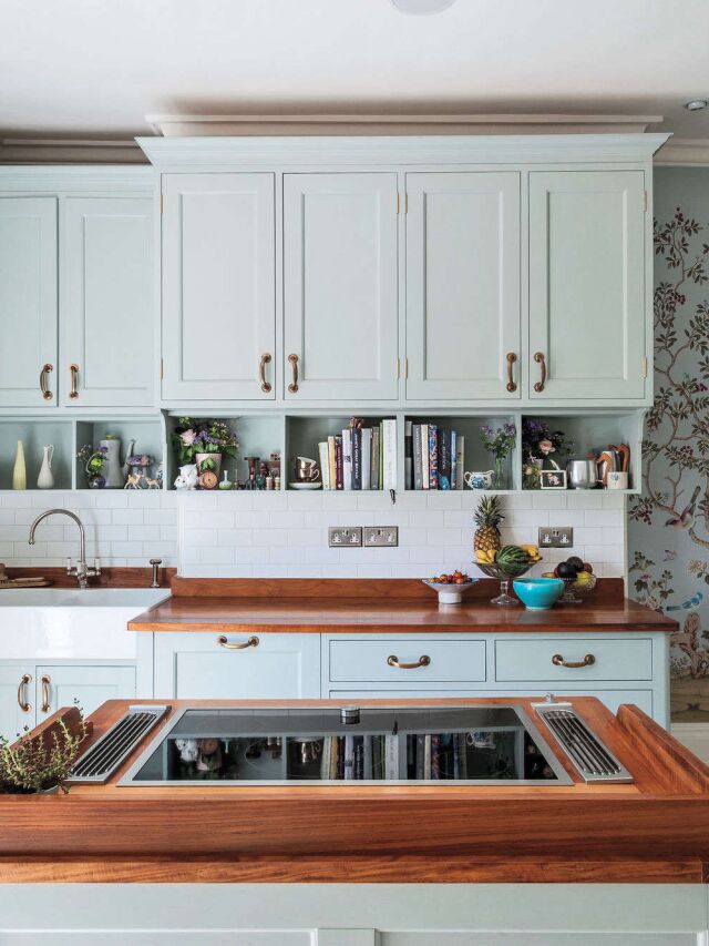 Romantic Home Kitchen with Wallpaper and Wood Paneling