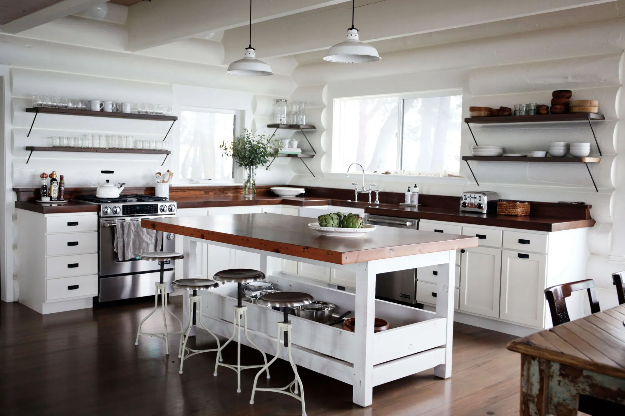 classic new whitewashed cabin kitchen San Juan Islands