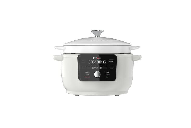 the instant dutch oven slow cooker is available in black or white (shown), feat 18