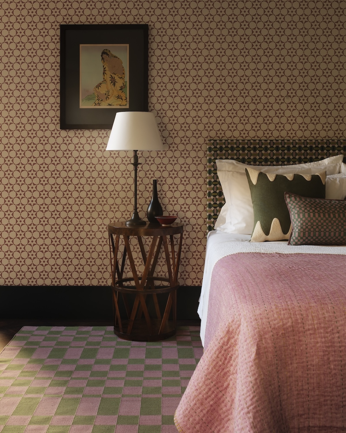 a pink and green duet in a bedroom patterned with flower stencil wallpaper in v 21
