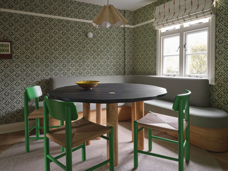 the dining room&#8\2\17;s green and ivory antoinette poisson wallpaper, whi 17