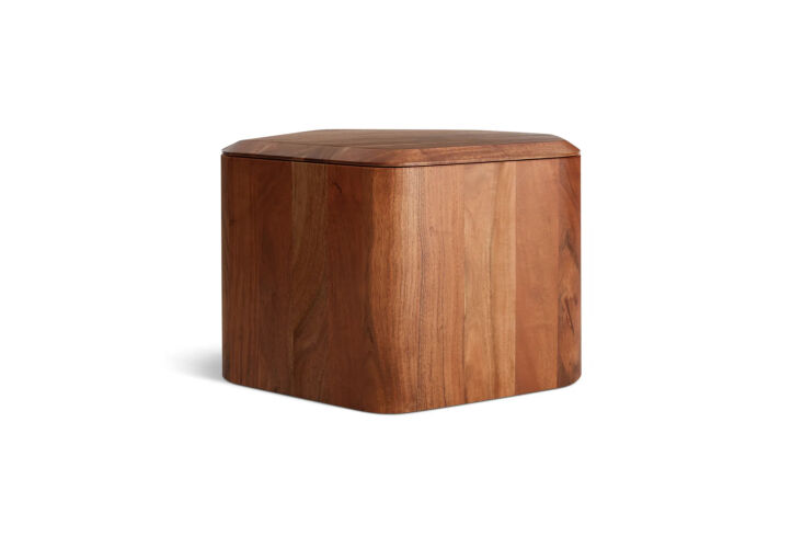 the blu dot hoard medium side table with storage is made of acacia wood that is 26