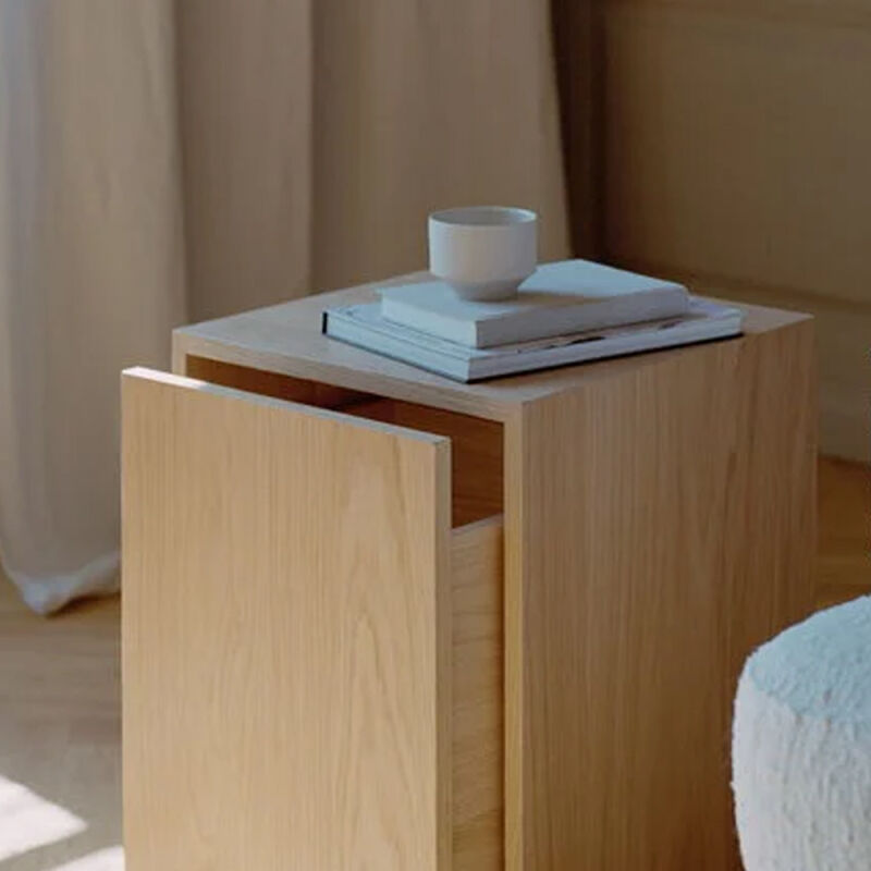 new works mass side table drawer oak in situ  