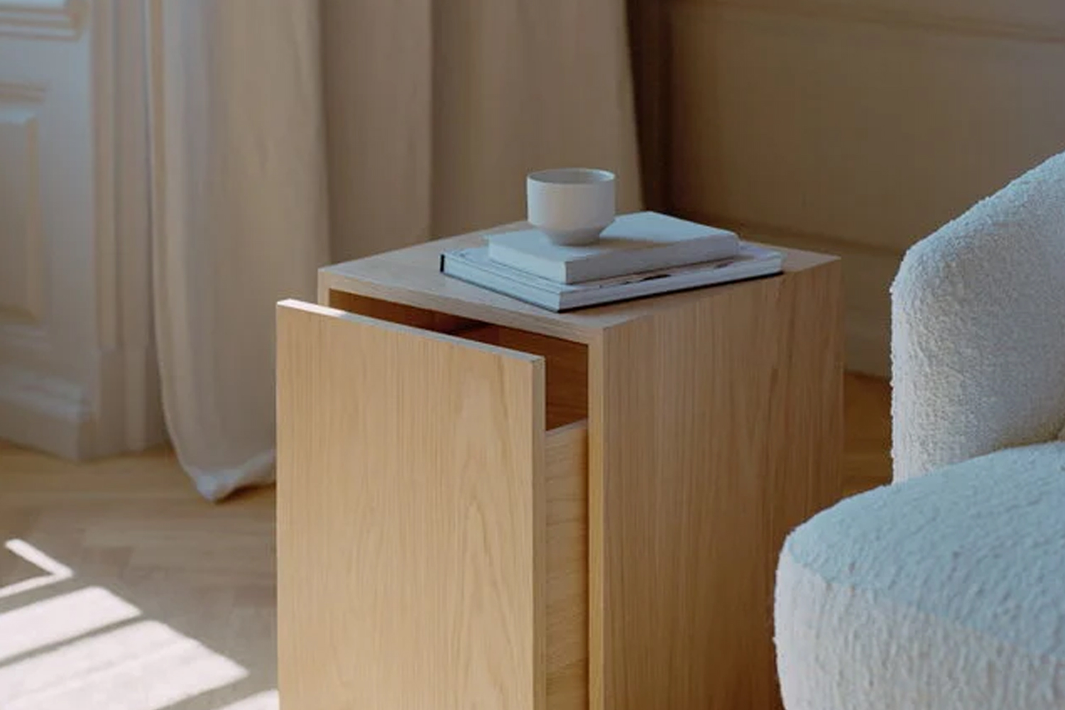 new works mass side table drawer oak in situ