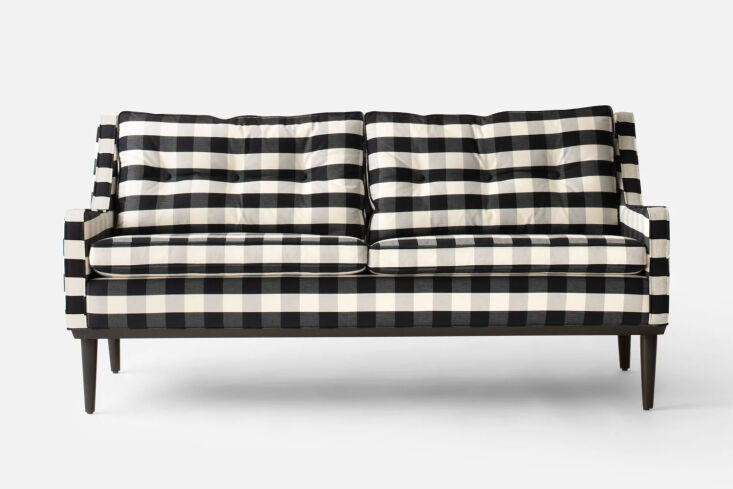 the small jack sofa in a black and white windowpane plaid is \$4,999 at schoolh 19