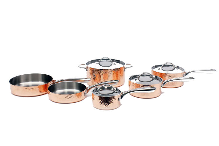 the berghoff \10 piece hammered copper cookware set is made of hand hammered co 26