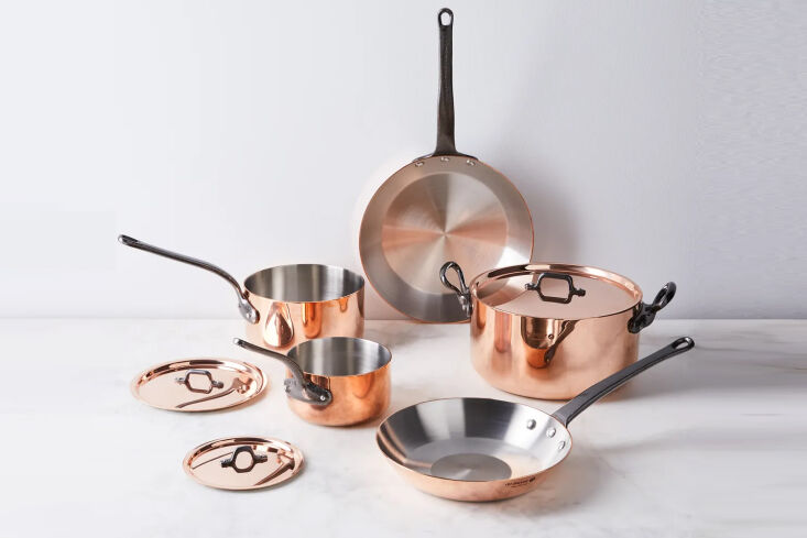 the de buyer french copper cookware collection has an all copper exterior with  24