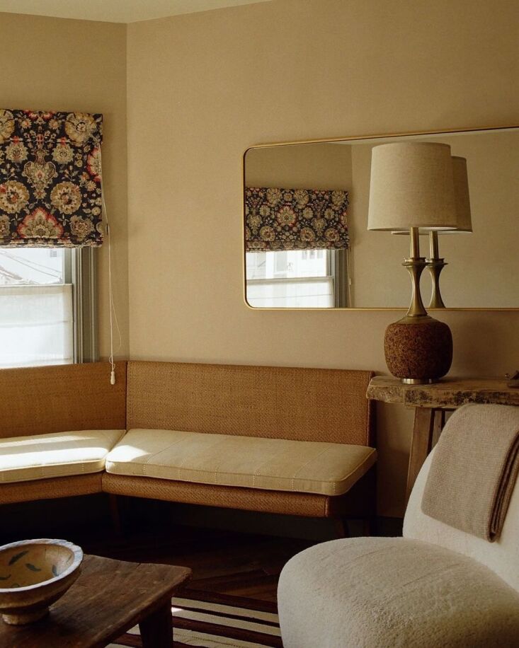 custom \1970s inspired woven seating hugs the corners of a guest room. photogra 27