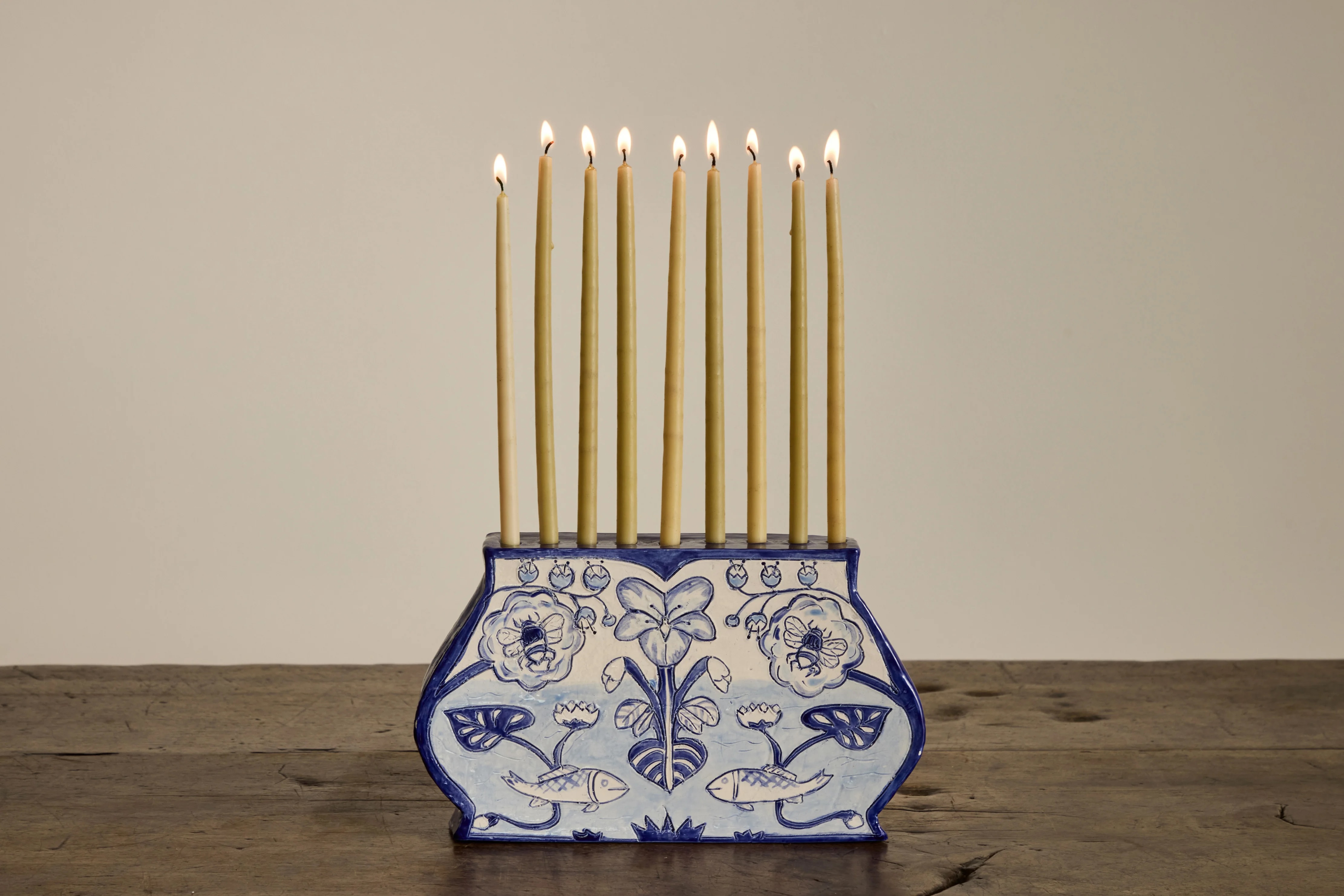 Tucson ceramist Andrea Kashanipour makes her hand-built and hand-painted Ceramic Fish Menorah exclusively for Nickey Kehoe; \$400,