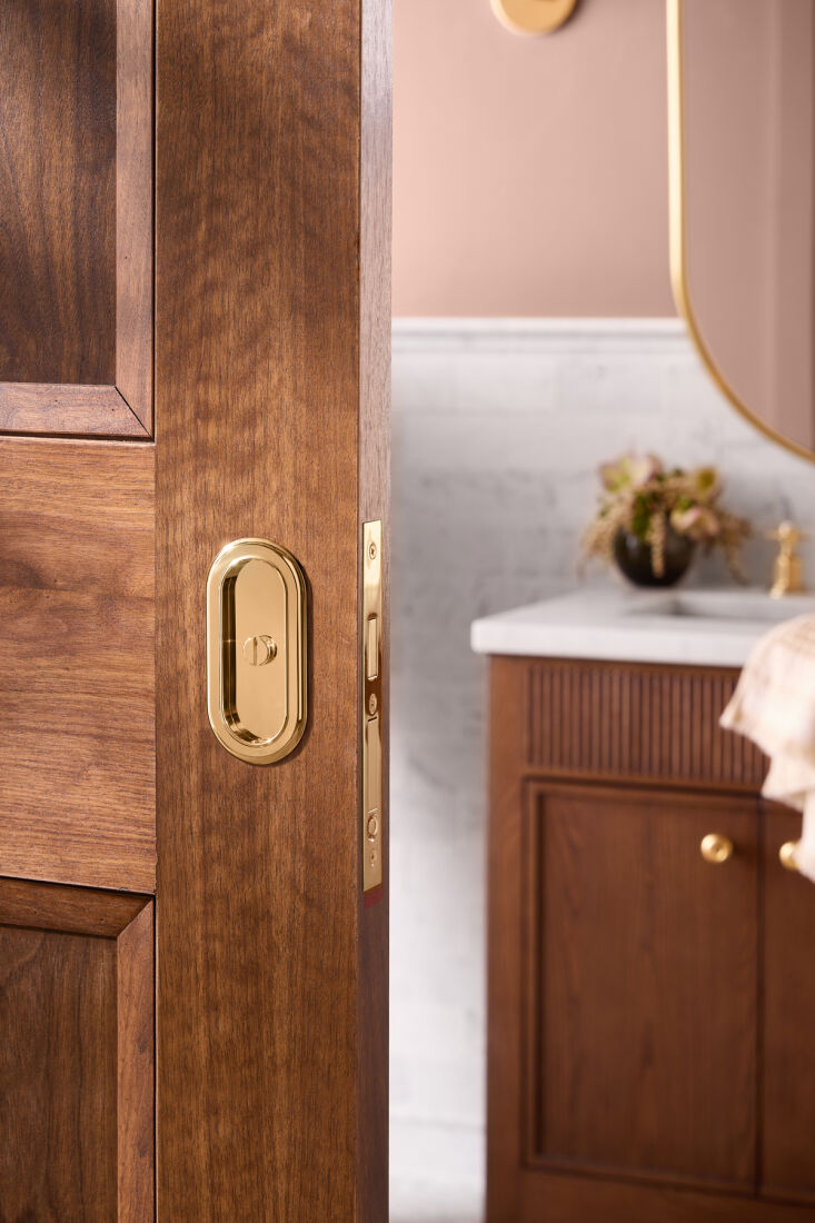 above: the pearson pocket door set (\$\279) has a sleek, low profile look.  22